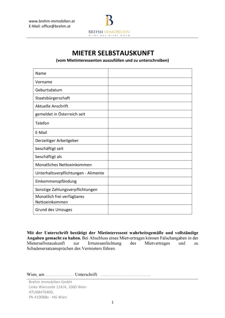 Die Mieterselbstauskunft - kostenloser Vorlage - Wien