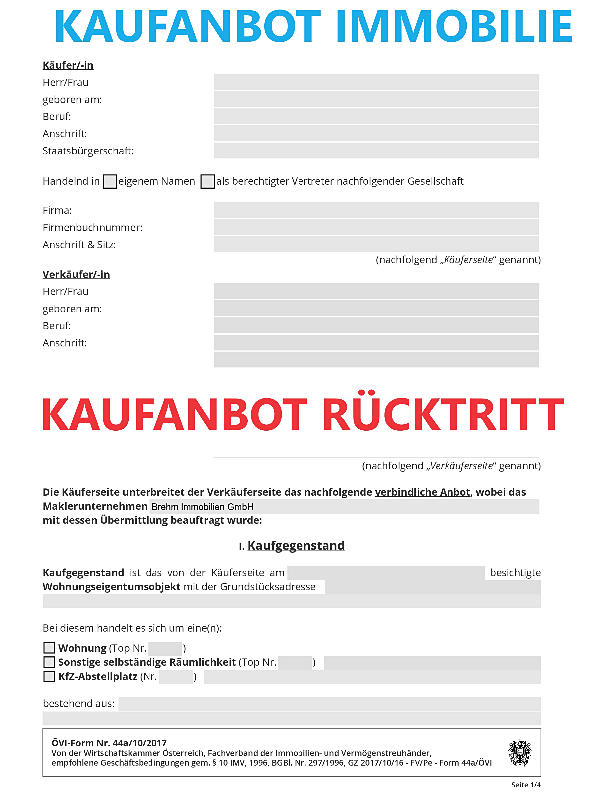 Kaufangebot Immobilie Wien, Kaufanbot Rücktrittsrecht Muster