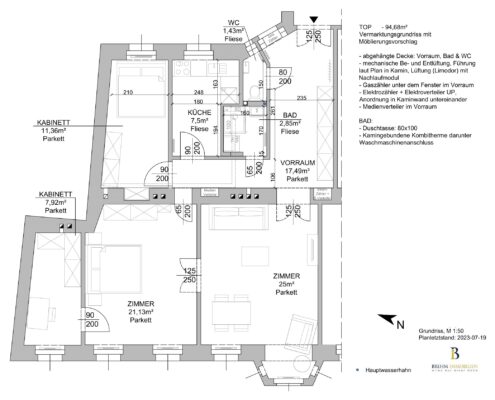 Wohnungssanierung 1050 Wien Einrichtungsplan Moeblierter Grundriss 3 - Wanddurchbruch Altbau