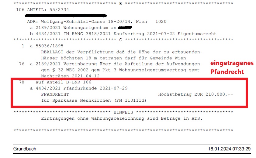 Grundbuchauszug Pfandrecht