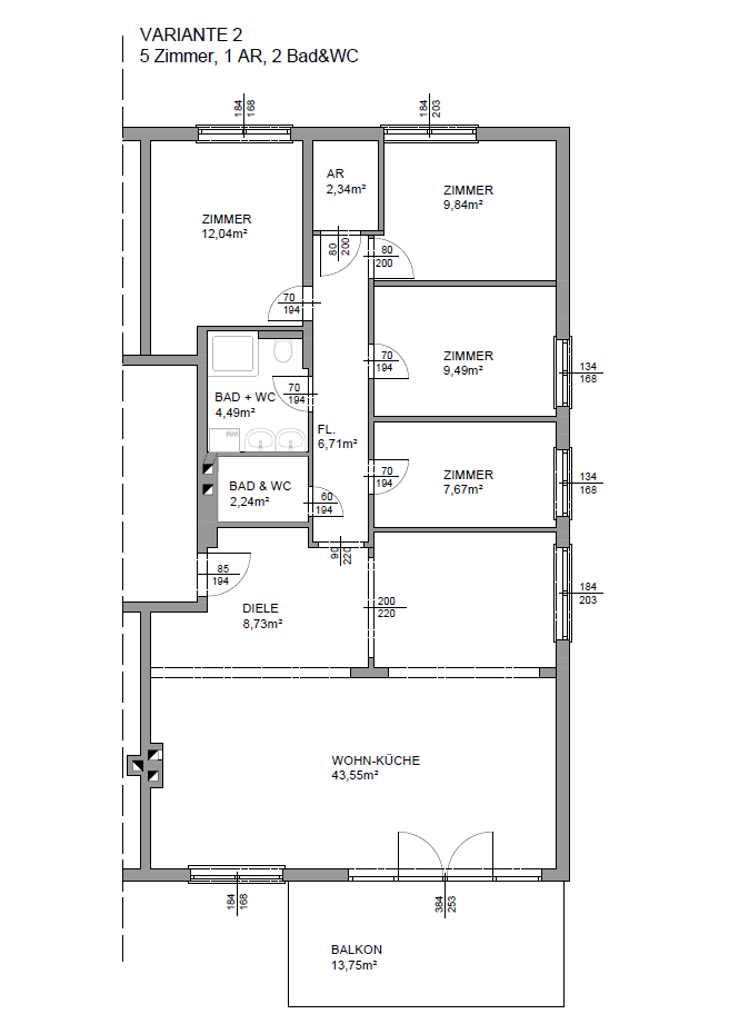 Grundrissvariante 5 Zimmer mit Abstellraum
